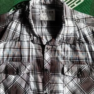 Reclaimed Vintage Brown and White plaid snap long sleeve shirt